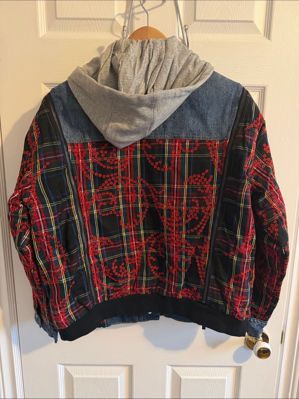 NWT Desigual Blue Denim Jacket/Vest with Red Plaid Sleeves and Gray Hood - Picture 6 of 7